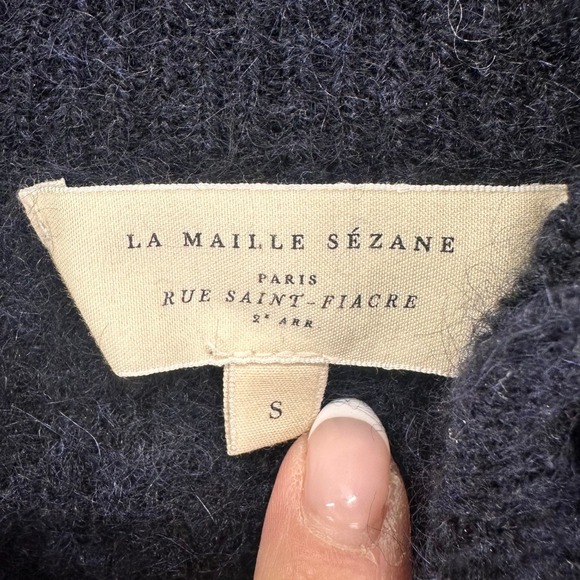 Sezane Sweater Trudy Jumper Womens S Navy Blue White Moahir‎ Wool Blend Luxury - Picture 4 of 9